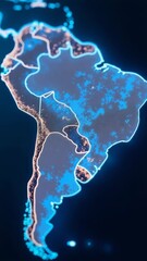 Poster - A map of South America illuminated by blue lights at night, perfect for use in presentations or articles about the continent's geography and culture