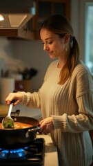 Poster - A woman cooks a meal in a pan on a stove