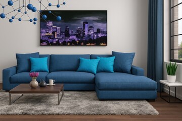 Poster - modern living room with blue furniture, large TV displaying cityscape, and coffee table with decorative items.