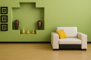 Poster - modern living room with white sofa, yellow cushion, green walls, and decorative vases on shelf above.