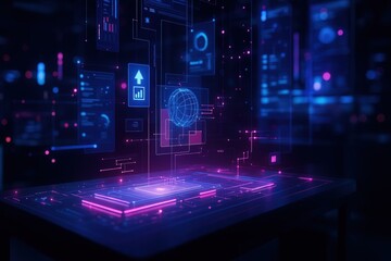 Aufkleber - futuristic computer lab with table displaying holographic screens and digital interfaces.
