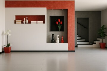 Poster - modern living room with red walls, white shelves, and black furniture.