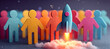 © W.O.W - A vibrant blue rocket taking off from a cloud of smoke, with a diverse group of colorful human wooden figures in the background. Concept of startup launch, innovation, and teamwork.