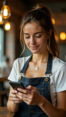 Poster - A woman smiles as she looks at her cell phone