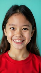 Poster - A happy child brushing her teeth with a big smile on her face