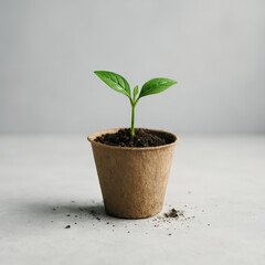 Poster - small green plant sprouting from soil in brown paper cup on gray surface.