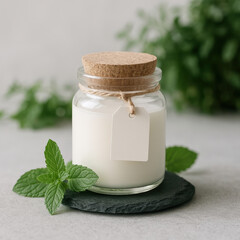 Poster - glass jar filled with white cream, topped with wooden cork and tag, sitting on black slate surface, surrounded by greenery.