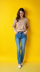 Aufkleber - A woman stands by a bright yellow wall, hands in her pockets