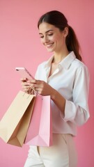 Poster - A woman carrying shopping bags and holding a cell phone, ready to capture moments or respond to messages