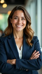 Poster - A professional woman in a business suit smiles directly at the camera, conveying confidence and friendliness