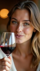 Poster - A woman holding a glass of red wine, suitable for restaurant or cafe backgrounds