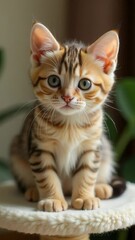 Aufkleber - A small kitten perched on the top of a cat tree, exploring its surroundings