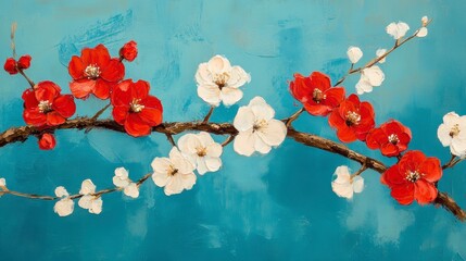 Poster - Oil painting of red and white blossoms on a branch against a teal background.