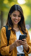 Aufkleber - A smiling woman looks at her cell phone, possibly checking messages or social media