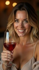 Poster - A woman holds a glass of red wine in a relaxed atmosphere