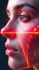Poster - A close-up of a woman's face with a laser being used to remove unwanted hair from her cheek