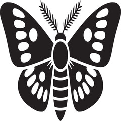 Poster - A black and white graphic illustration of a moth with spots on its wings and striped abdomen design