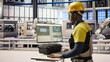 © DC Studio - Engineer overseeing solar panel production lines equipment using PC software. Worker maintaining photovoltaic assembly systems in automated industry 4.0 factory using computer, camera A