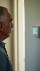 Poster - A person adjusting the thermostat on a wall, with a simple background