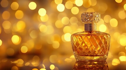 Poster - Elegant perfume bottle on golden bokeh background.
