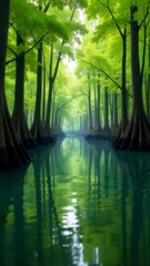 Poster - A serene scene featuring a river flowing through the heart of a dense forest, surrounded by towering trees