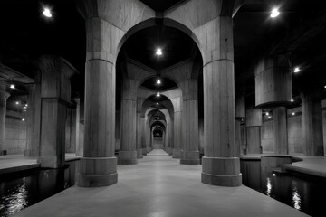 Poster - Monochrome capture of Buffalo Bayou Park Cistern, an underground reservoir, featuring concrete columns and arched ceilings reflecting in still water, creating a mesmerizing subterranean landscape.
