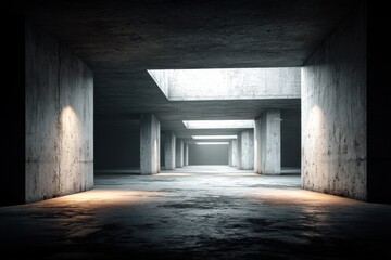 Poster - A modern concrete architecture featuring an underground parking structure with light wells providing natural light, creating a stark, minimalist design with strong lines and shadows.