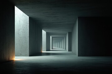 Poster - A long concrete corridor with repeating geometric shapes and a vanishing point, illuminated by natural light sources that create a sense of depth and perspective.