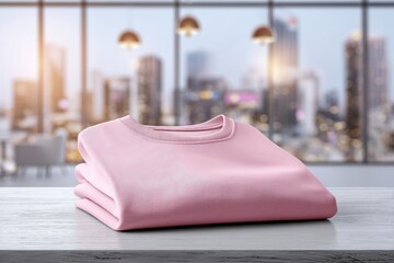 Poster - Folded pink sweatshirt on a wooden surface with blurred city lights in the background, perfect for comfortable and stylish everyday wear with a modern look.