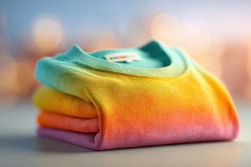 Poster - A stack of colorful folded shirts, featuring a gradient of turquoise, yellow, orange, and pink, soft light background, clean lines, modern design and aesthetic apparel.