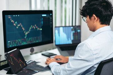 Poster - Businessman investor working with computer, tablet and analyzing graph stock market trading planning with chart data financial investment planning
