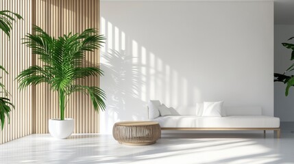 Poster - Minimalist living room interior with white sofa, wooden accents, and potted plants.