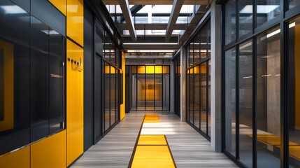 Poster - Modern yellow and gray interior hallway with glass walls and wooden floor.