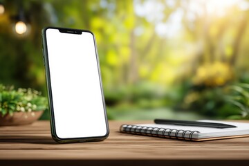 Poster - A blank smartphone screen on a wooden table with a blurred green background, next to a notebook and pen, providing a clean space for content creation.