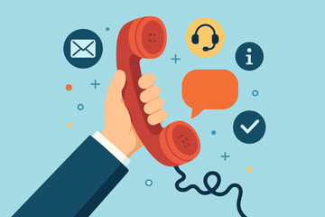 Fototapete - Customer support hotline. Hand holding vintage telephone. Retro communication. Call center, contact us, helpdesk, information, advice, technical assistance, client service, operator. Vector.