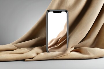 Poster - a modern smartphone mockup with a blank white screen, gracefully draped with a luxurious beige fabri