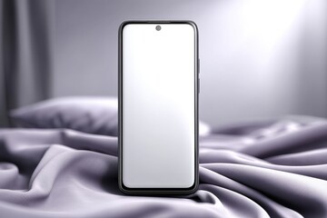 Poster - A modern smartphone with a blank white screen resting on soft, luxurious satin fabric, creating a sleek and elegant presentation for mobile technology.