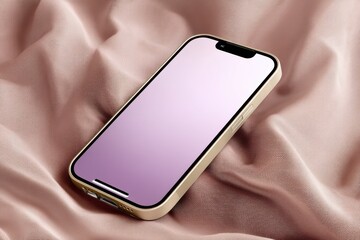 Poster - Elegant smartphone with blank screen on a luxurious satin fabric backdrop, showcasing modern technology and stylish design with delicate folds and soft, warm tones.