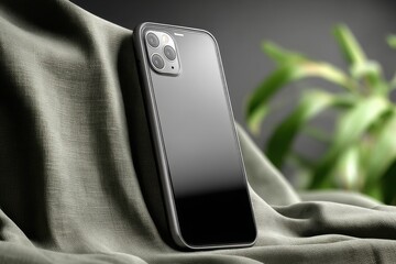 Poster - Close-up of a sleek black smartphone resting on textured fabric, with a blurred green plant in the background, highlighting its modern design and sophisticated features.