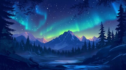 Poster - Night scene of aurora borealis over snow-capped mountains and pine forest reflecting in a still lake.