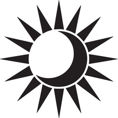 Poster - A graphic illustration of a sun with a crescent moon shape within the sun on a white background