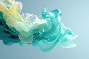 Poster - Abstract flowing paint of different colours, a splash of yellow and blue against a pale blue gradient backdrop, creating a whimsical and modern aesthetic background.