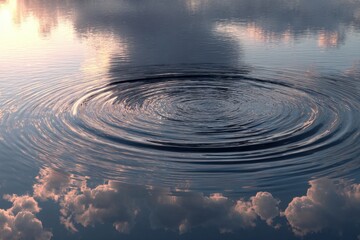 Poster - Ripple effect on water surface reflecting the sky, creating a peaceful moment, with concentric circles radiating outward, a gentle wave motion, abstract concept.