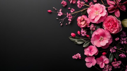 Poster - Pink flowers arranged on a dark background, leaving copy space.