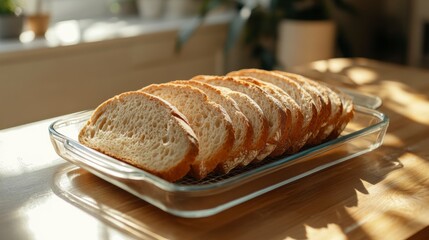 Poster - Slices of freshly baked bread in a glass dish on a wooden table, illuminated by sunlight.