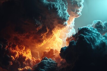 Poster - Dramatic clouds filling the sky with vibrant colors and dynamic textures at sunset, a captivating scene filled with warmth and depth, abstract clouds formation.
