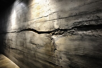 Poster - A close-up of a weathered concrete wall with a large crack running through it, illuminated by a bright light source, creating texture and depth, perfect for backgrounds.