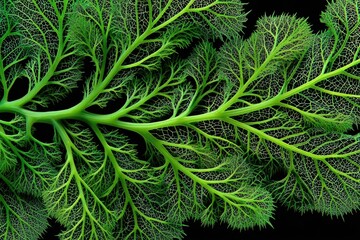 Poster - An intricate close-up showcases the delicate venation of vibrant green leaves against a stark black backdrop, highlighting the beauty of nature's design and botanical elegance.