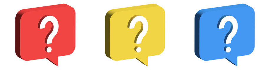 Fototapete - A set of 3D colorful question mark icons within chat speech bubbles in red, yellow, and blue, ideal for modern UI, help, support, or FAQ designs