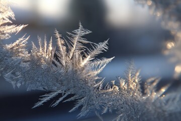 Poster - Intricate patterns of ice crystals formed on a window, illuminated by sunlight, showcasing the beauty and fragility of winter in a macro shot close up detail.